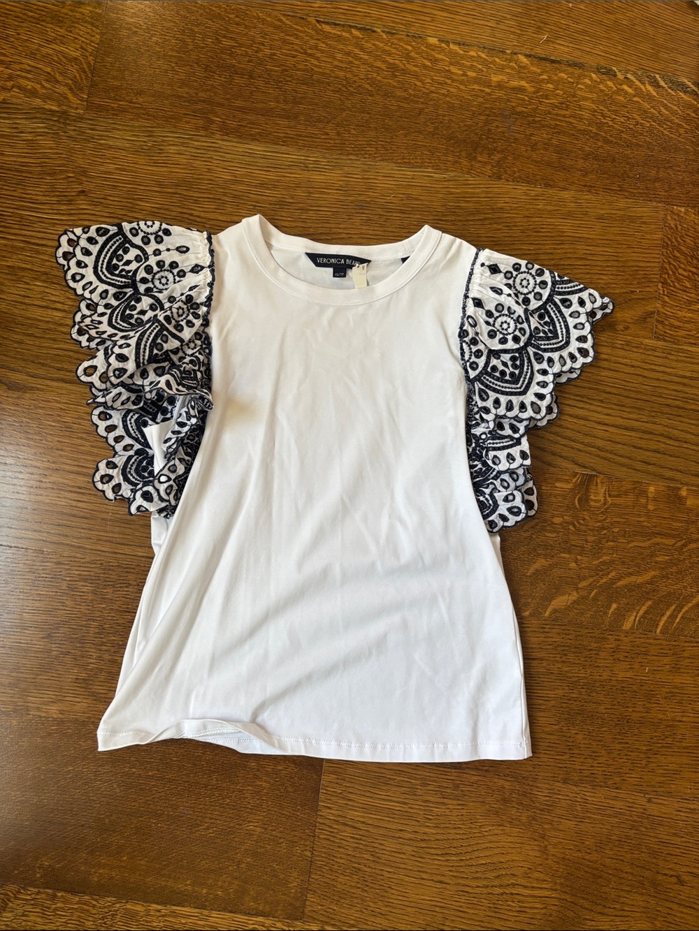 Veronica Beard White Tee with Black Lace Flutter Sleeves
